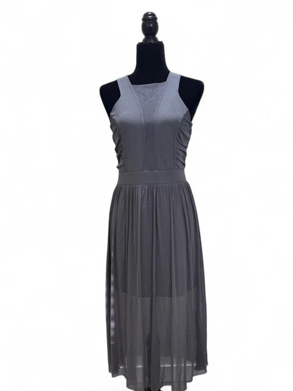 Sleeveless Gray Midi Dress with Ruched Sides by